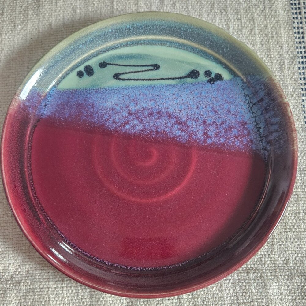 Ken Foster blue red and purple hand painted studio pottery plate size OS